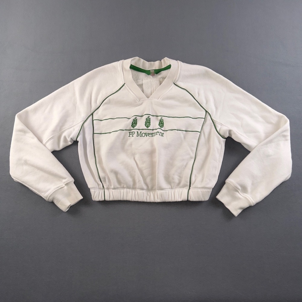 FP Movement Seeing Double Sweatshirt White Green V-Neck Cropped Pullover XS